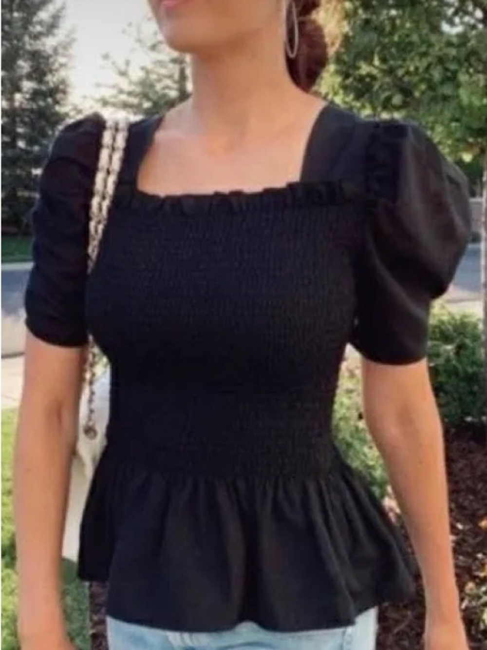 Rachel Parcell Black Smocked Square Neck Peplum Top